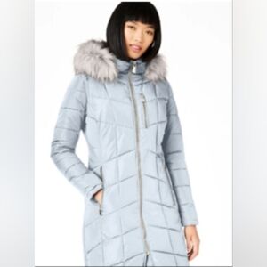 Calvin Klein Light Blue Gray Quilted Puffer Coat with Faux Fur Hood